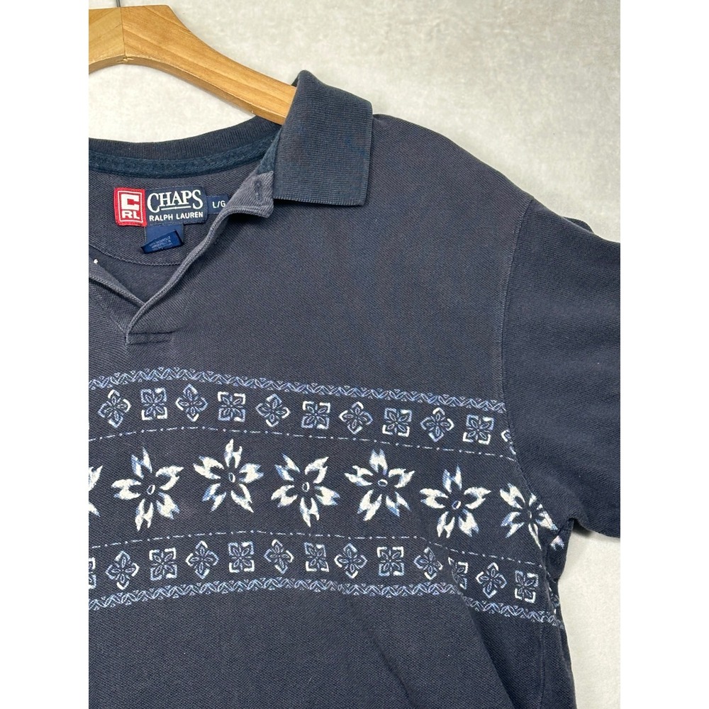 Chaps Ralph Lauren Mens Large XL Navy Blue Polo Shirt Short‎ Sleeve Floral Print